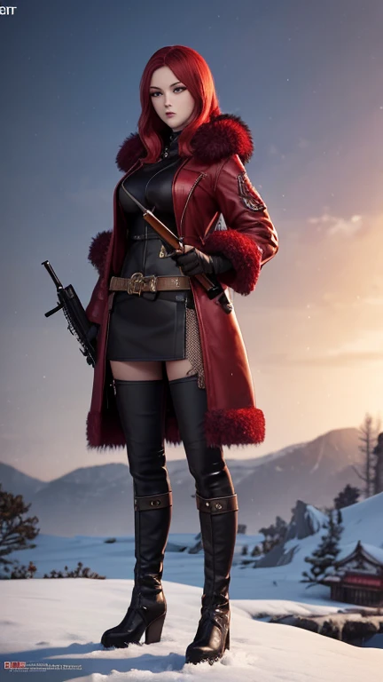 Huntress girl holding a rifle in snow battle pose,oriental,Blade and Soul,ink style,long red hair,leather and fur coat,Cold,Artwork,3D,4K,Detailed,Realistic