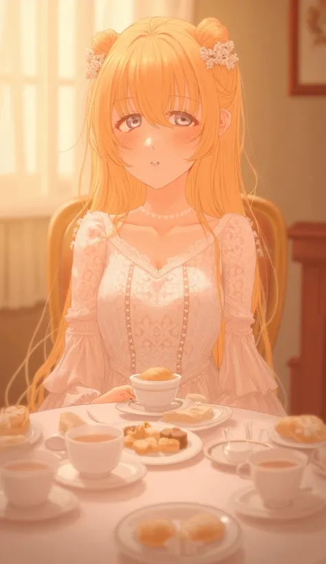 An anime-style illustration of a beautiful girl wearing an elegant Baroque-style lace long-sleeved gown. She has a delicate face, fair skin, and long golden hair styled into an updo with exquisite hair accessories, along with slightly curled bangs. She has...