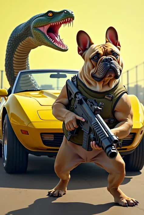 An open-mouthed anaconda crawls after a French bulldog dog that is standing holding a machine gun next to a yellow convertible car