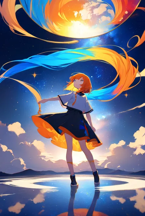 An anime illustration of a young girl standing beneath a starry sky, where ink-like streaks of vivid blue, red, yellow, and orange twist and dance around her, blending with the celestial backdrop. The dynamic colors create a surreal and magical atmosphere,...