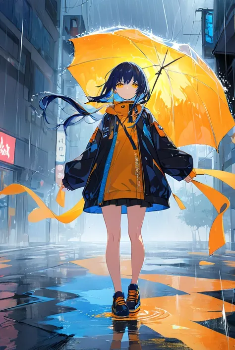 A serene anime illustration of a girl standing in the middle of a freshly rain-soaked street. Ink-like swirls of blue, orange, and yellow rise around her, blending with the glistening reflections on the wet pavement. Her composed expression mirrors the pea...