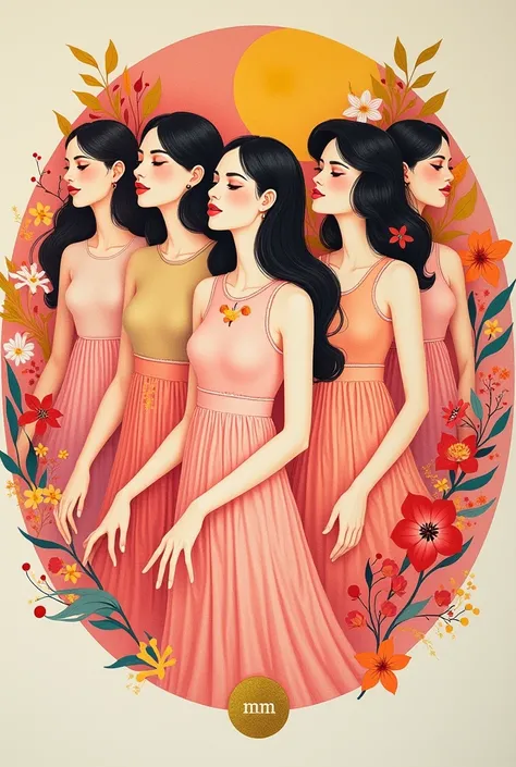 A circular, vibrant, and dreamlike composition featuring multiple interconnected figures, reminiscent of a surrealist or psychedelic print. The figures are rendered with soft, flowing lines in a style thats more impressionistic than hyperrealistic, with an...