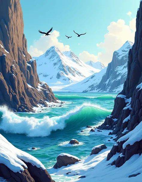  Comic-style image. a beautiful sea , ( Norway in winter) 