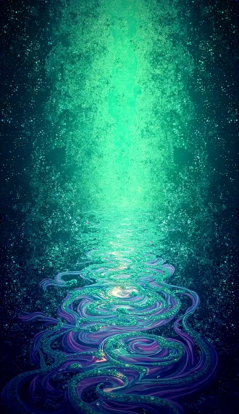  forest, universe, A mesmerizing representation ,  nature of flow ,  featuring swirling patterns of iridescent green and purple that evoke a sense of dynamic movement and energy, against a gradient background in transition from deep indigo to bright green ...