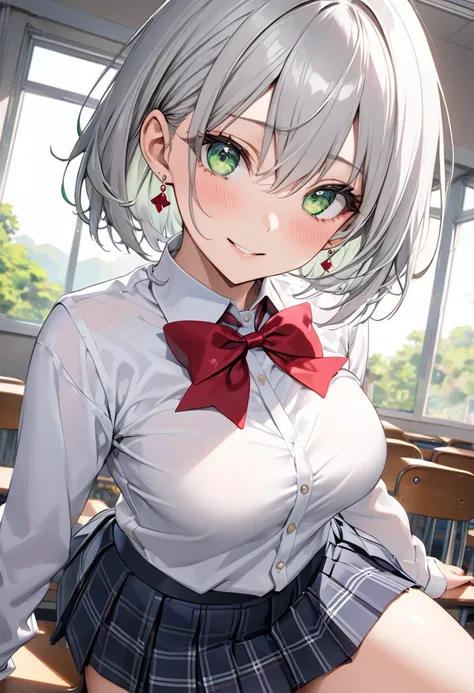 (uniform))、(( shiny costume))、 tan、 high school girl、Skindent、 skinny、1 female、masterpiece、 top quality 、 top quality 、16k、 high definition 、2.5D、  (Bob:1.5), silver hair 、bangs,  hair between eyes , Earrings、 very delicate expression 、 delicate eye depict...