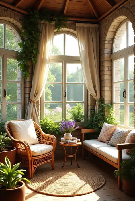 The sunroom is a serene haven, bathed in the warm glow of the afternoon sun streaming through tall, paned glass windows framed by weathered wooden beams. The stone walls, softened by climbing ivy on the outside, lend the room a rustic charm, while light, a...