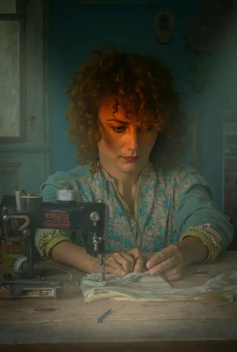 A seamstress with curly hair in a blue shop with a jack sewing machine