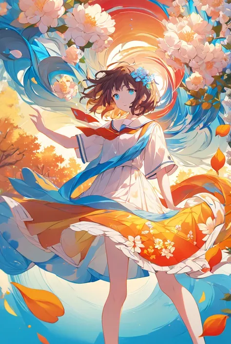 An anime illustration of a young girl standing in a field of swirling ink-like patterns that resemble flower petals in full bloom. Shades of ruby red, cerulean blue, golden yellow, and vibrant orange float effortlessly around her, twisting and cascading as...