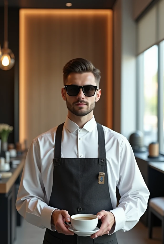 barber with sunglasses ,  without beard and white tea