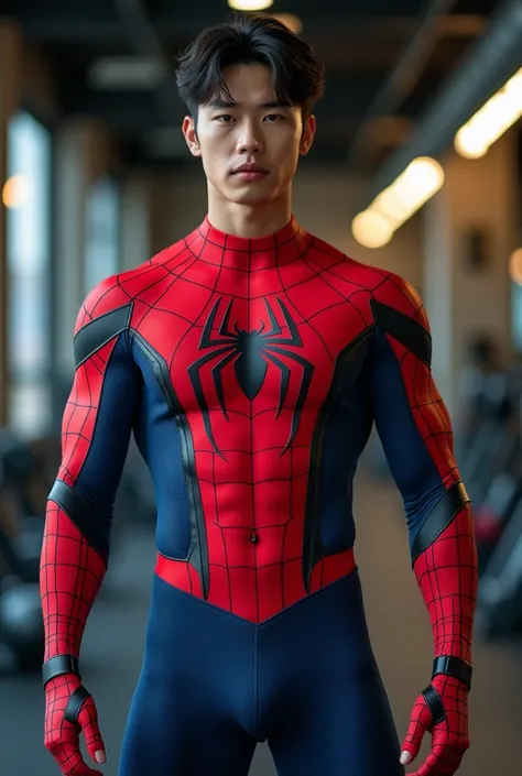 Handsome and sexy Korean teenager, teenager, young, male, wearing Spiderman costume while showing his sixpack abs, muscular, sixpack, young, front view, Korean idol, hot, very muscle, very horny biceps and triceps, photo realistic, realistic, 8k, UHD, sexy...