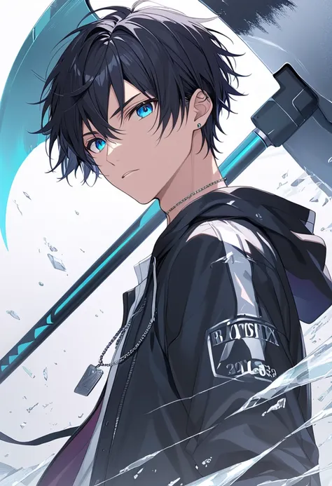 （extremely detailed CG:1.5）、（crisp quality:1.5）、 mature male 、Alone、Beautiful Youth、（detailed facial depiction :1.3）、 glossy black hair in a bright room、Short Hair、cold eyes、（anxiety:1.5）、 black jacket with a big axe、 white t-shirt、 silver necklace 、from s...