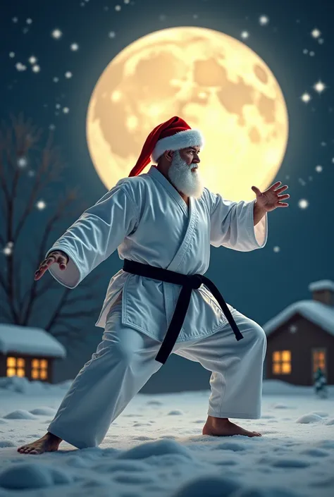  Christmas night、 Huge Moon、 Santa Claus in white karate uniform、red Santa Claus hat、長い袖、Karate shape practice 