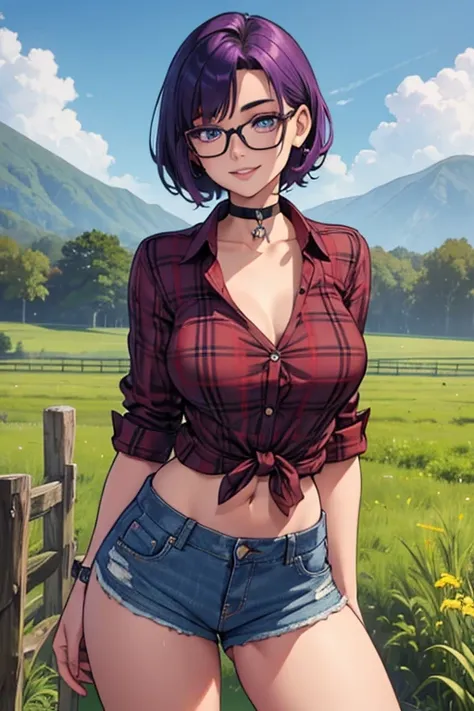 Beautiful young teenager, 1girl, purple hair, blue eyes, black framed eyeglasses, extremely short hair, freckles on face, happy, smiling, thick lips, full lips, huge breasts, heart shaped choker, very thin body, open plaid button-up shirt, shirt tied below...