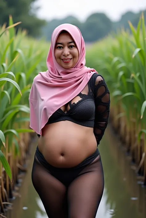 (Chubby ssbbw), Tetek besar melayut, (Shiny Breasts:3.24), Skinny hijab skinny hijab skinny hijab skinny hijab, (photorealistic:1.6) Indonesian hijab skinny dry aunty wear bra and (mini tiny tights Hotpants), background rice paddy. daytime atmosphere, dont...