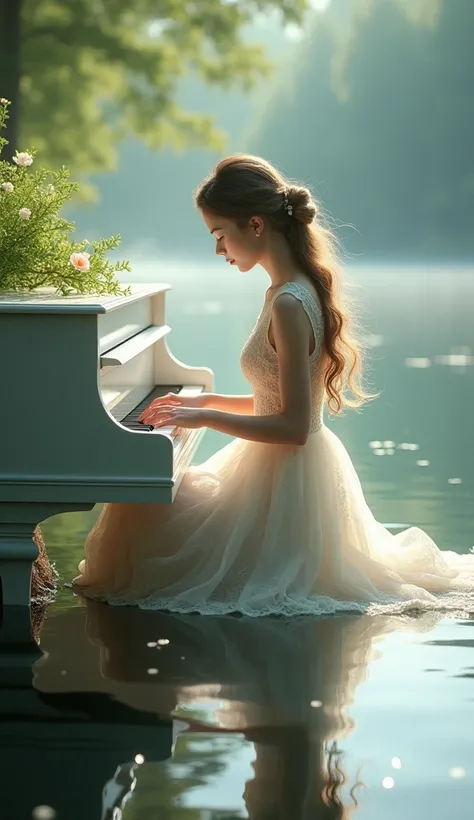 " on a quiet forest lake ， A girl sitting at her side in front of a white piano ， Thin fingers flow on the piano keys ， with the movement 。 The rising morning light streaks through the leaves on her face ， depicting a soft silhouette 。 Her hair is like a s...