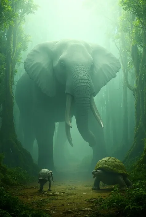 A cinematic depiction of a colossal elephant and a massive tortoise facing each other in a misty, ancient forest. The elephant towers with its muscular frame, its leathery skin textured with intricate wrinkles, and its tusks gleaming under the soft, filter...