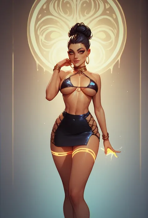 sexy woman, original character, small waist, thicc legs, glowing skin, Sexy clothes, Sexy expression, sensual body, sensual pose, mini skirt, and bikini