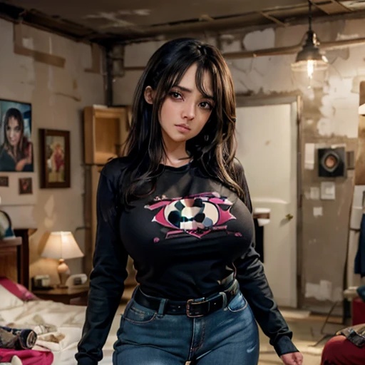 Dark nightmarish movie style, a petite cute shy innocent skinny with monstously huge fat size breasts Mexican nerdy emo teen, short volumetric hair, beautiful detailed brown eyes, cutely detailed lips, super cute highly detailed eyes and face, round shape ...