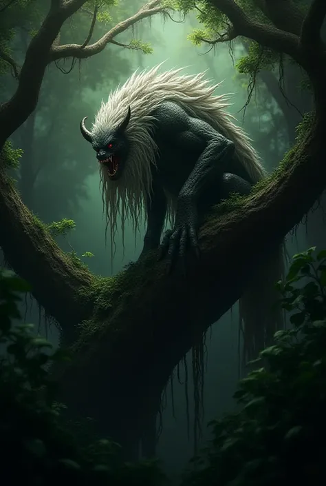 Beast with pointed teeth and white dreadlocks on dark jungle tree