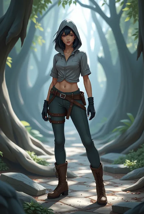  imagine a heroine at  .  She wears a gray outfit and hooded blouse . Her body is slim with small breasts .  She wears boots and gloves and a belt that stands out on her uniform.