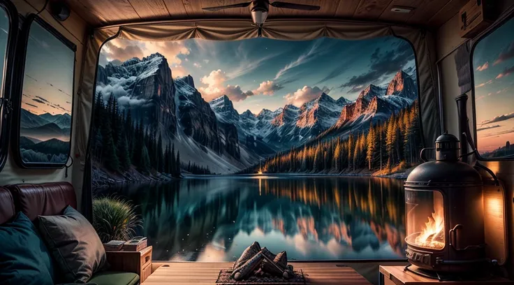  fluffy clouds floating above a picturesque mountain lake { x} This masterpiece of conceptual art depicts a comfortable camping trip ,  lit ,  next to the campfire .  to create a sense of calm and tranquility ,  The artist cleverly captures the essence of ...