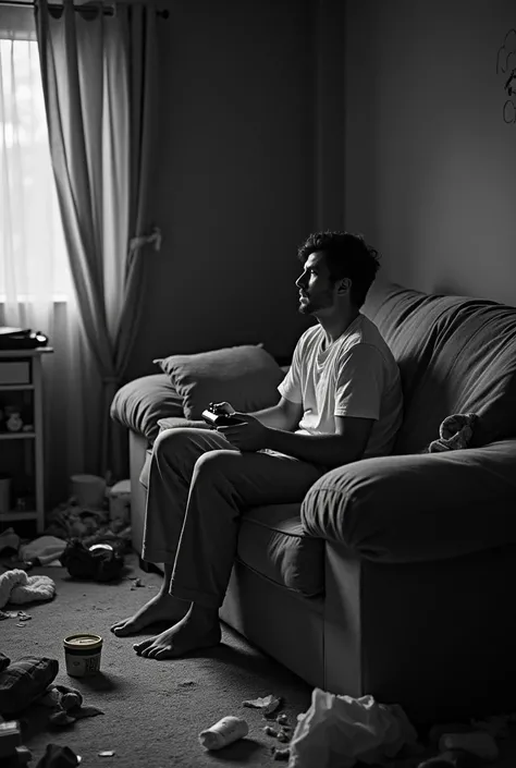 
"A black and white image of a man sitting on a worn-out sofa, holding a game controller, intensely focused on a TV screen out of frame. The living room around him is chaotic, with clothes, empty food containers, and scattered items strewn across the floor...