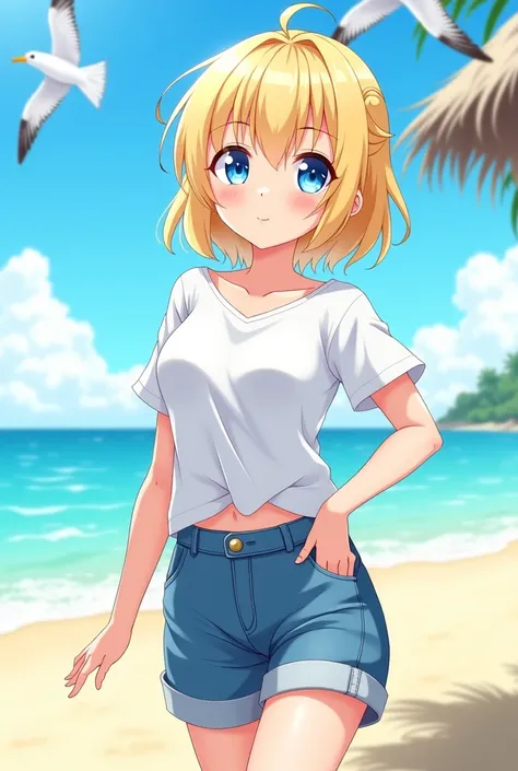  Female character anime version Her hair is semi-short color 
 Blondie
 Light skin tone
 Blue eyes 
 Average height
 He likes to wear t-shirts and shorts on the beach