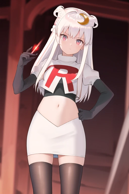 masterpiece, best quality, highres, 1girl, dia viekone, white hair, crescent hair ornament, team rocket,team rocket uniform,white skirt,red letter R,crop top,black thigh-highs,black elbow gloves, cowboy shot