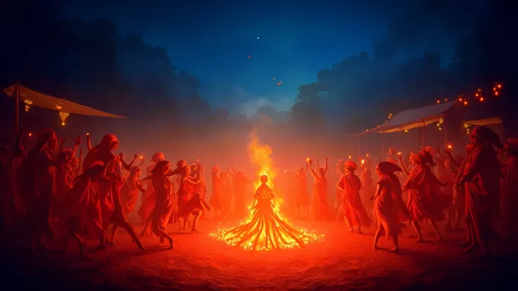 A traditional village festival with dancers around a bonfire, their colorful attire glowing in the lantern light, festive mood with music and joy filling the air, the background of the lush village and night sky enhancing the atmosphere, Illustration, vibr...