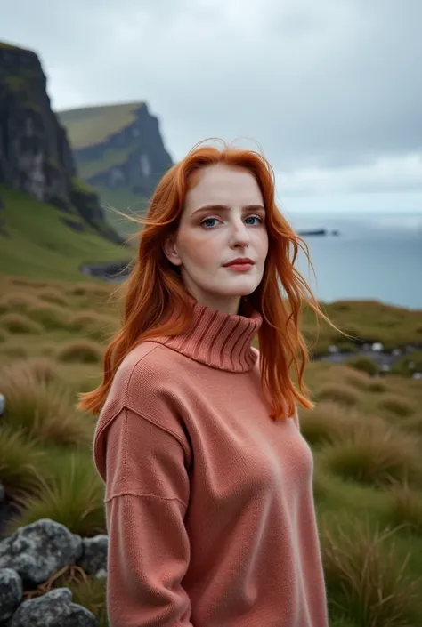 make her wear cotton sweater, with natural red hair. details, make it realistic, Faroe Islands scenery.