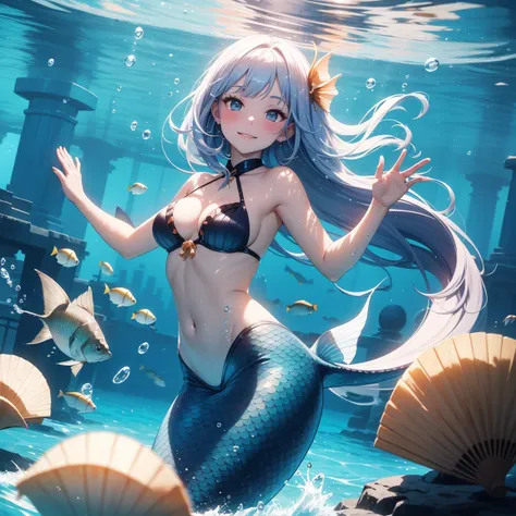 A unique mermaid, unlike any other, glides through the ocean with ease. Her small, yet alluring figure is adorned with a tiny seashell bikini top, while her lower half transforms into a majestic fish tail. As she swims, a giant fan of fins surrounds her, c...