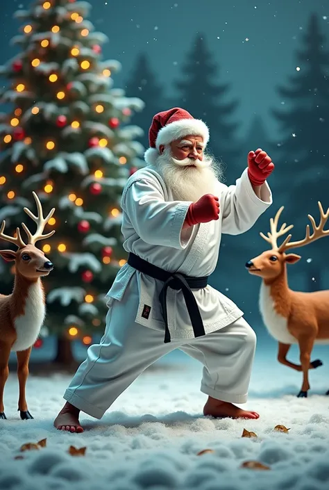  Christmas night、  christmas tree 、 reindeer、 Santa Claus in white karate uniform、red Santa Claus hat、Long sleeves、Thrust