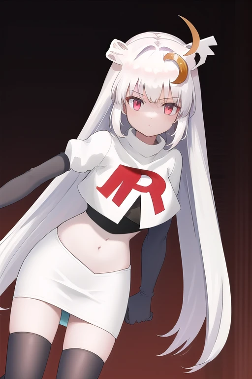 masterpiece, best quality, highres, 1girl, dia viekone, white hair, crescent hair ornament, team rocket,team rocket uniform,white skirt,red letter R,crop top,black thigh-highs,black elbow gloves, cowboy shot