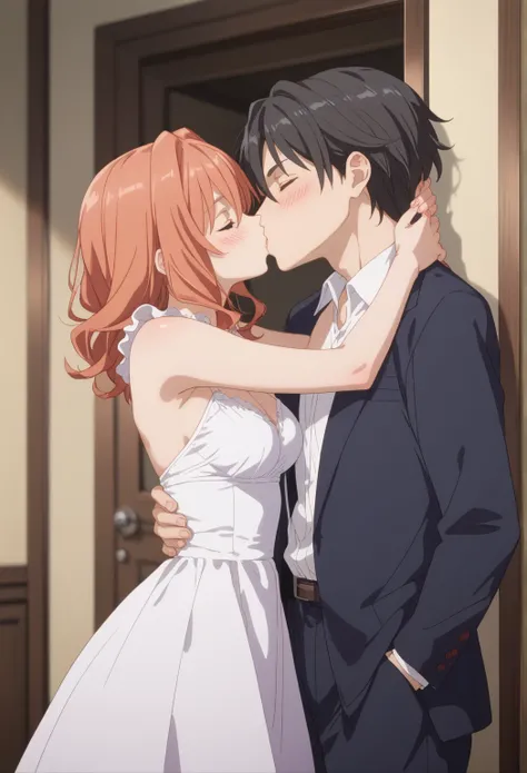 score_9,score_8_up,score_7_up, amagamiYuna, hair between eyes, hair intakes,medium hair, orange hair, takeda hiromitsu style, medium breasts,                              indoor,hotel,cowboy shot, blushing, incoming kiss, closed eyes, colarbone, 1boy, 1gir...