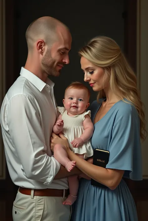 " An emotional scene :  a bald man with a serene expression ,  evangelical-looking ,  holding a chubby 11-month-old baby,  fair skin ,  blonde hair and blue eyes ,  wearing a delicate dress . Next to him,  a woman in a long blue dress , hold a Bible in you...