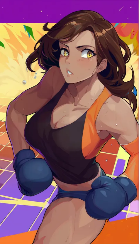 black hair,masterpiece,best quality,highres,ultra-detailed,aashizue,yellow eyes,long hair,(tank top:1.2), boxing gloves,cleavage,toned, sweating, (sleeveless:1.4),cowboy shot,