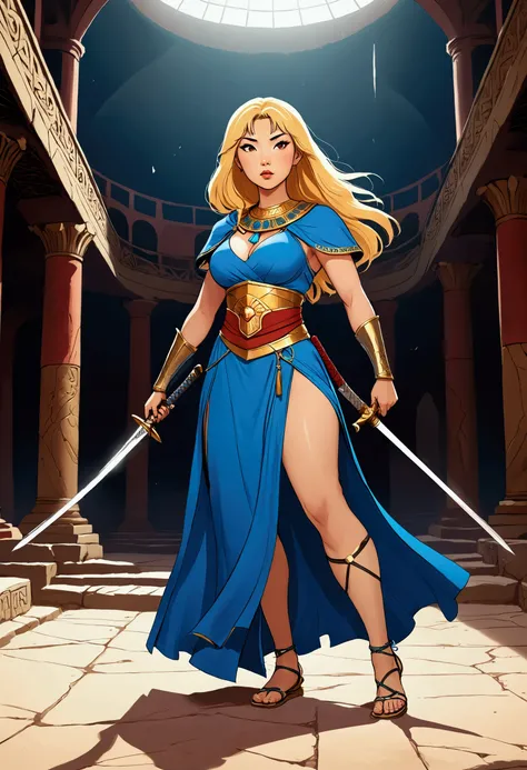 warrior girl, curvy asian girl, big boobs, porcelain skin, gold-haired asian girl, blonde hairs, long hair with bangs covering her forehead, asian girl wearing a long dress, egyptian style dress, blue dress with one only slit on the left side, slit showing...