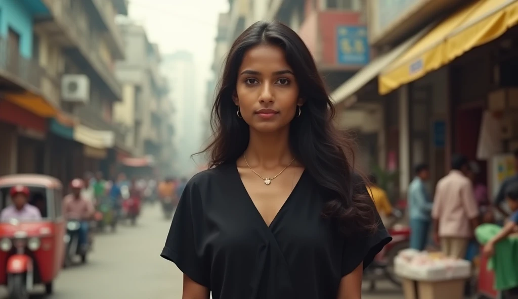 A butyfull twenty six years old indian chritstian girl waring regular black dress in 1980 in Mumbai 