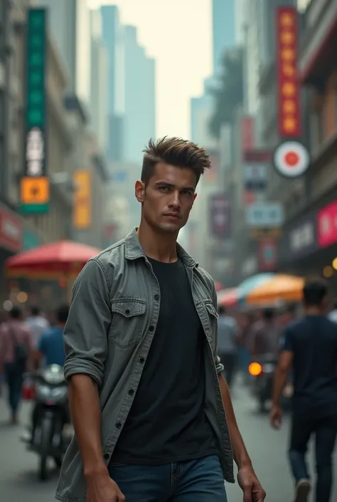 a handsome young man walking in the middle of a bustling Jakarta city street, detailed facial features, expressive pose, realistic lighting, cinematic composition, muted color palette, urban environment, detailed architecture, crowded scene, depth of field...