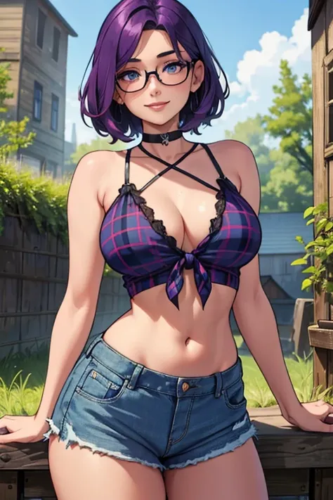 Beautiful young teenager, 1girl, purple hair, blue eyes, black framed eyeglasses, extremely short hair, freckles on face, happy, smiling, thick lips, full lips, huge breasts, heart shaped choker, very thin body, open plaid button-up shirt, shirt tied below...