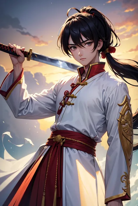 ((best quality)), ((masterpiece)), (detailed) Anime boy, 20 years old, gentle, traditional outfit, long hair, pony tail chinese style, holding sword