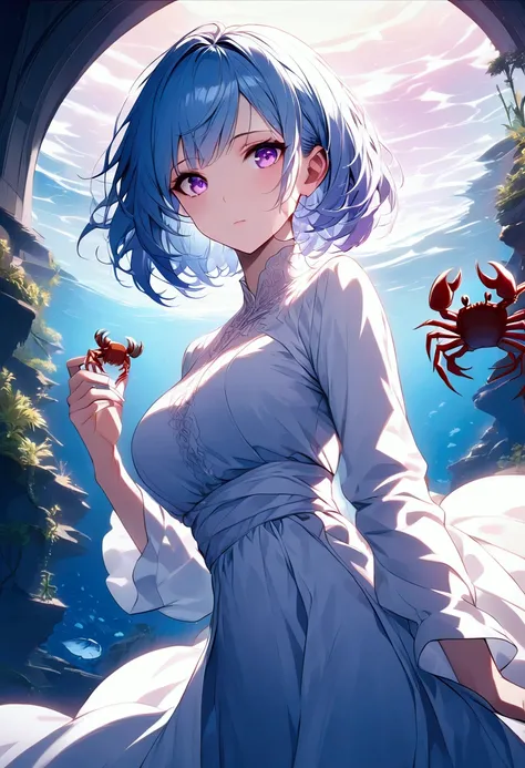 Top quality, masterpiece, doctor, skyblue hair, short hair, purple eyes, white gown, female, crabby