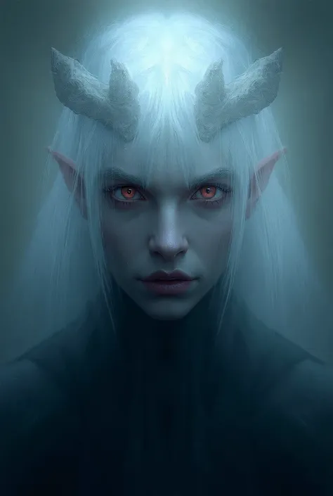 A Tiefling with blood-red eyes ,  white hair up to the shoulder ,  horns on the front of his forehead and light gray skin .  He is a man and has traits of a young Tiefling.