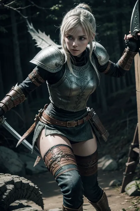 a Nordic warrior girl inspired by the video game Skyrim with a sword and shield fighting a dragon