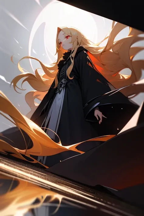  high res, very small ,Blonde, red eyes, long hair, wave hair, are expressionless,Mysterious,black very large loose coat that doesnt fit my body size, long lashes, white skin, standing picture , movie light effect, Reflected Light, Chiaroscuro,  angle from...