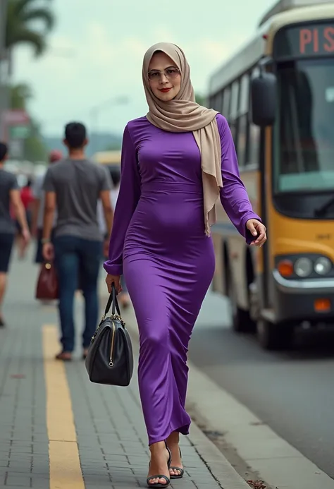 indonesian aunty,  beige pasmina hijab ,  wearing a long dress made of tight satin in purple ((  her thighs are very long to the hips )), large round buttocks ,  bulging round breasts , thick red lips , sensual smiling face (( looking at camera )),  pose w...