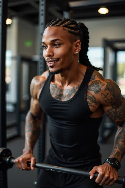 A close shot of a light brown skin african american male with black cornrow ponytail braid and rapper inspired tattoos covering his entire body. hes at the gym at the squat bar about to do his exercise as hes looking at the viewer. hes a very tall, and ver...