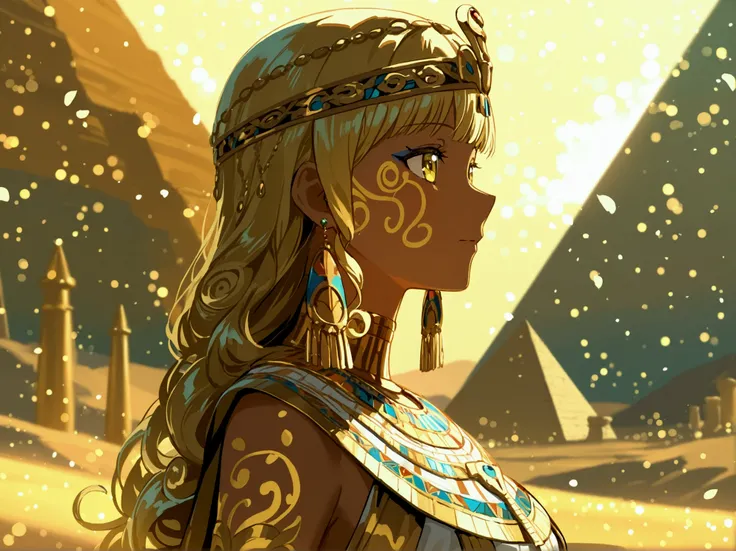 An anime-style illustration of an Egyptian princess with long golden curly hair and bangs. She is dressed in an ancient Egyptian linen garment, beautifully accessorized with gems and gold, colorful earrings, and bracelets. The princess stands with calm eye...