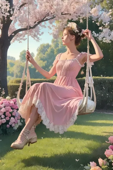 A vibrant rococo scene inspired by Les Hasards heureux de lescarpolette. A young woman Vaktsinaa in a flowing, opulent pink gown sits on a swing, her posture playful and carefree. Her shoe flies off as she swings, symbolizing freedom and sensuality. Around...