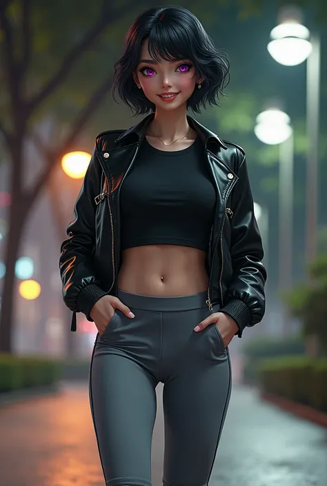  A girl with very white skin and black hair with a Pixie-style cut .  measures approximately 1 . 70 METERS,  with an athletic and attractive physique . She has large but toned .
  Her eyes have a bright fuchsia iris .  She wears gray sports tights that rev...